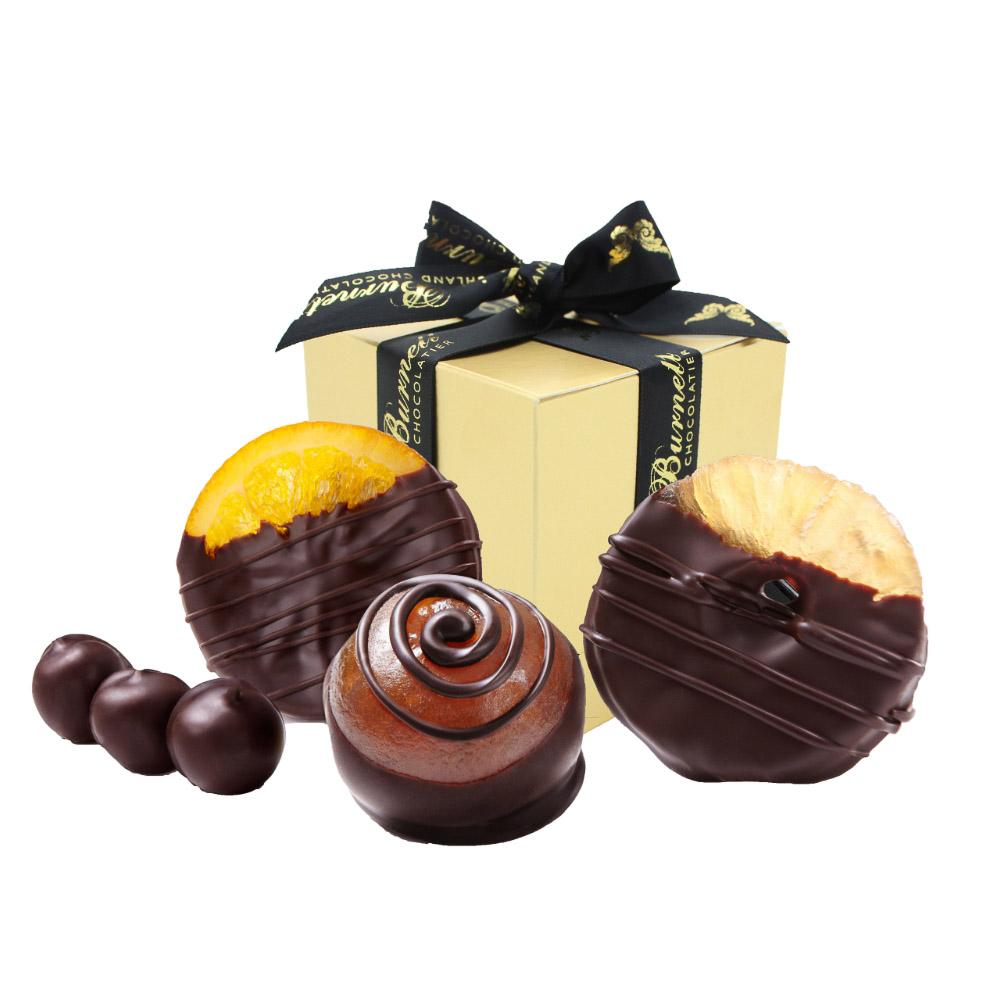 Caja de fruta confitada bañada en chocolate - Cinta negra